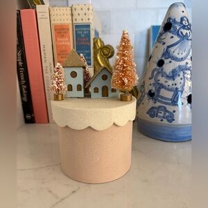 Putz house and bottle brush village on glittered box with scalloped lid
